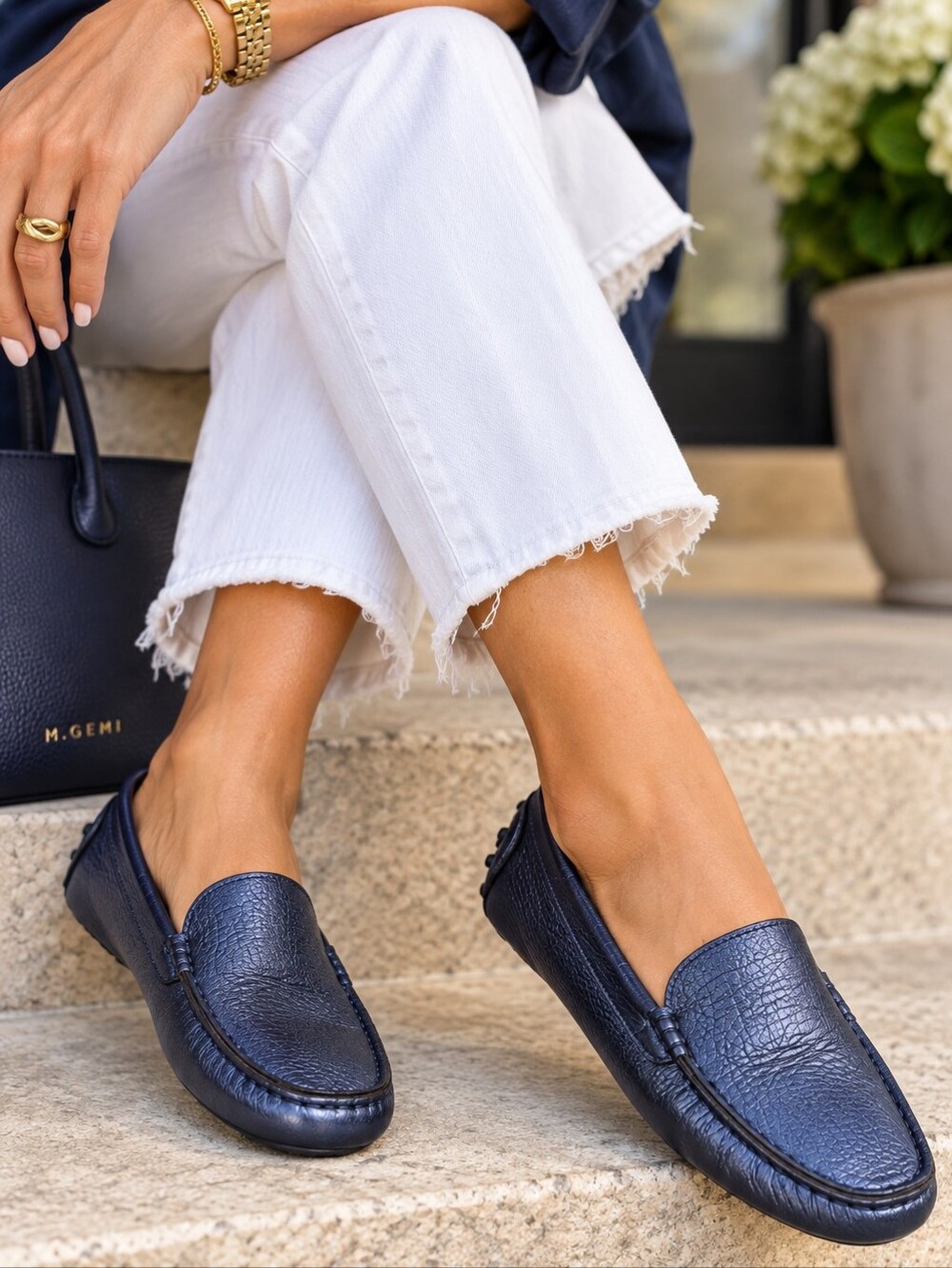 M. Gemi Felize Nappa Leather Loafers  Size 39.5 Metallic Navy Blue